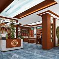 Elegant Specialty Store Interior with Wooden Walls Blue Billboard Reception Counter and Marble Floor