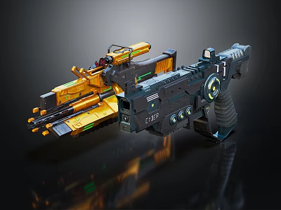 Futuristic Gold And Black Weapon With Barrel Grip Mechanical Parts And Glowing Elements 3d model