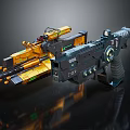 Futuristic Gold And Black Weapon With Barrel Grip Mechanical Parts And Glowing Elements