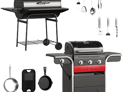 Essential Outdoor Grill Kitchen Utensils With Portable Grills And Cooking Tools 3d model