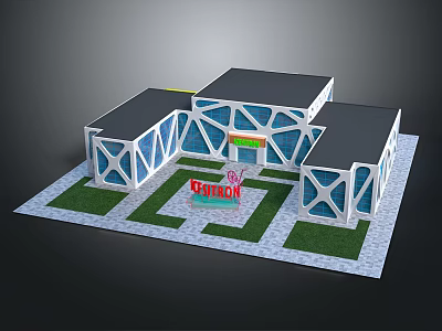 Geometric Exhibition Building Featuring White Frame Blue Glass Black Roof And Green Lawn 3d model
