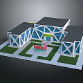 Geometric Exhibition Building Featuring White Frame Blue Glass Black Roof And Green Lawn
