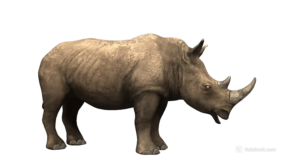 Realistic Brown Rhinoceros With Textured Skin Horn Standing Isolated On White Background 3d model 
