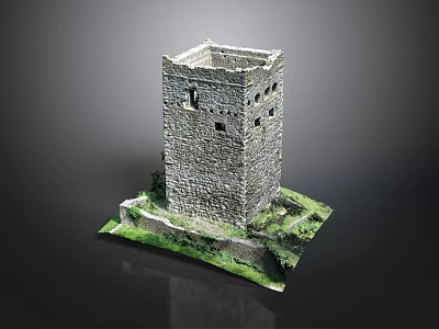 Ancient Stone Tower Model With Detailed Base And Green Grass 3d model