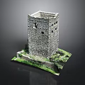 Ancient Stone Tower Model With Detailed Base And Green Grass
