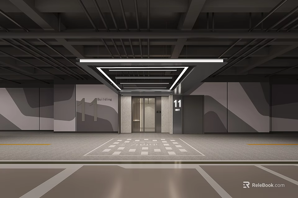 Parking Garage Interior With Geometric Patterned Walls Elevator Doors And Modern Lighting 3d model