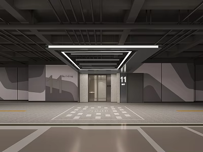 Parking Garage Interior With Geometric Patterned Walls Elevator Doors And Modern Lighting 3d model