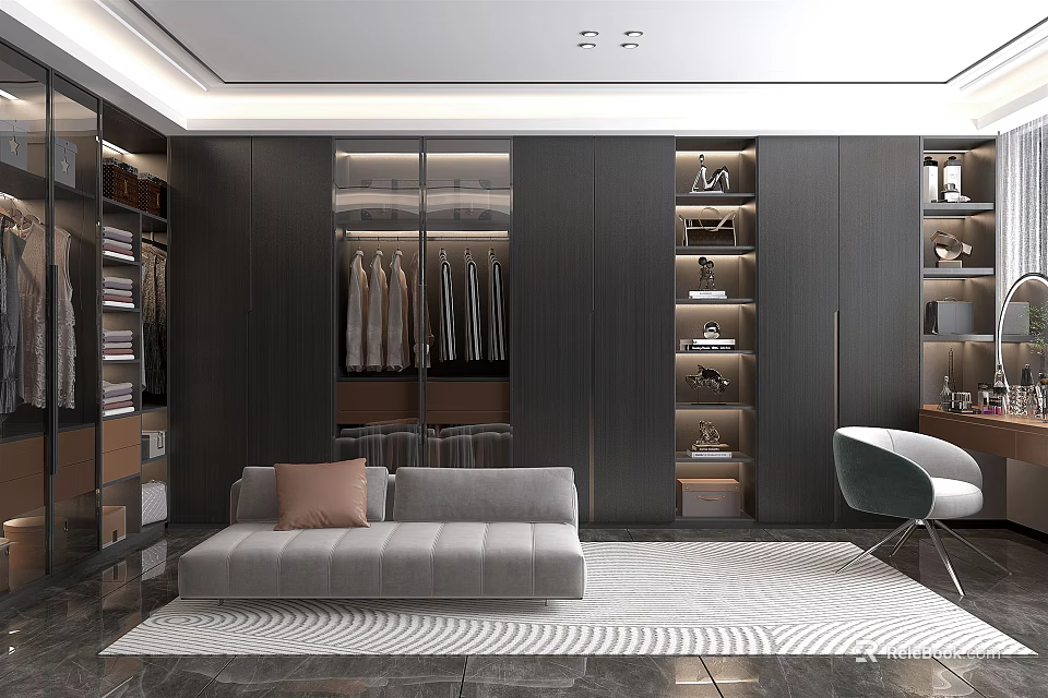 Modern Walk-in Closet Interior With Dark Cabinets Hanging Clothes Sofa And Area Rug 3d model 