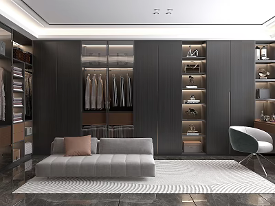 Modern Walk-in Closet Interior With Dark Cabinets Hanging Clothes Sofa And Area Rug 3d model