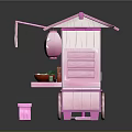 Pink Food Cart Stall With Bowls Dishes Flags And Stools For Street Food