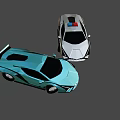 Blue Sports Car and White Police Car with Red and Blue Lights and Futuristic Design