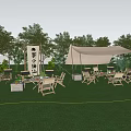 Starry Night Outdoor Tent On Green Grass With Trees Chairs Tables And String Lights
