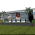 Modern Entrance Gate of Commercial Building with Glass Facade Palm Trees and Billboards in Landscaped Area