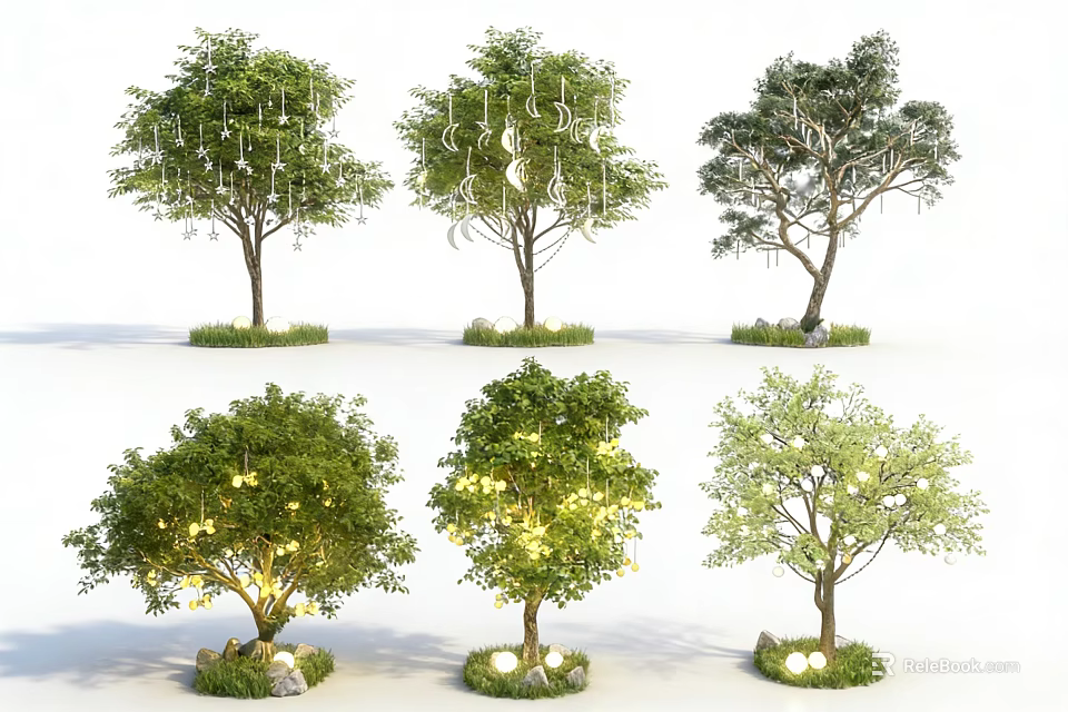 Decorative Lights For Outdoor Trees With Green Grass And Stones In Garden 3d model 