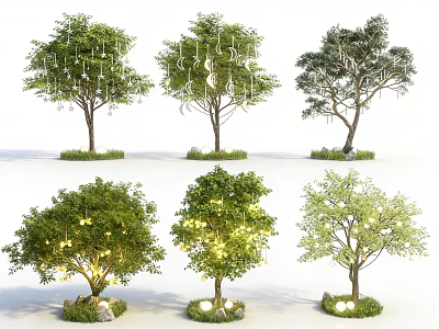 Decorative Lights For Outdoor Trees With Green Grass And Stones In Garden 3d model