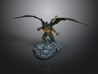 Mythical Winged Dragon Figurine Standing On Rock Base With Detailed Design 3d model