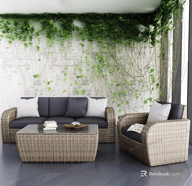 Wicker Outdoor Sofa Set With Coffee Table And Green Plant Wall Background 3d model 