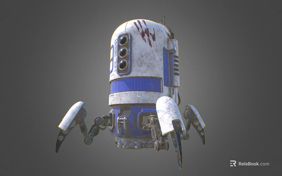 Worn White Blue Mechanical Robot With Circular Sensors Red Scratches And Legs 3d model 