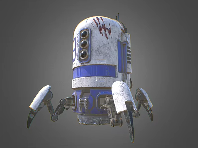 Worn White Blue Mechanical Robot With Circular Sensors Red Scratches And Legs 3d model
