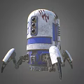 Worn White Blue Mechanical Robot With Circular Sensors Red Scratches And Legs