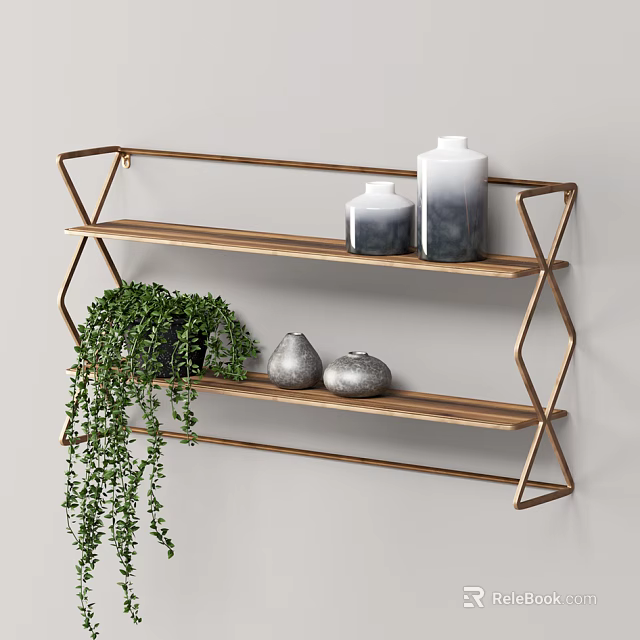 Geometric Wall Shelf With Wooden Shelves Metal Frame Decorative Vases And Green Plant 3d model 