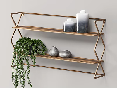 Geometric Wall Shelf With Wooden Shelves Metal Frame Decorative Vases And Green Plant 3d model