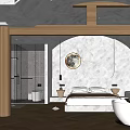 Hotel Room With Cozy Bed White Sheets Brown Comforter Wooden Herringbone Floor Bathtub And TV