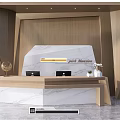 Modern Geometric Reception Desk Design With Wooden Elements White Countertop And Office Equipment