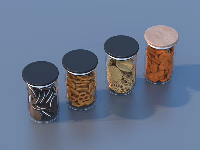 Four Glass Jars With Black And Wooden Lids For Storing Various Snacks 3d model