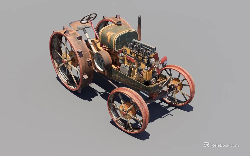Vintage Rustic Agricultural Tractor With Large Wheels And Exposed Mechanical Parts 3d model 