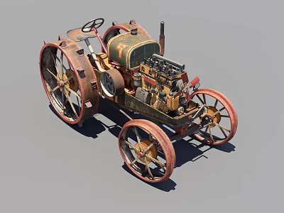 Vintage Rustic Agricultural Tractor With Large Wheels And Exposed Mechanical Parts 3d model
