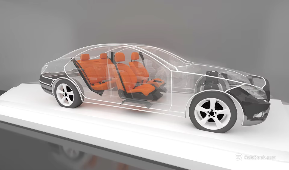 Exhibition Hall Showcasing Transparent Car Model With Orange Interior Seats 3d model 