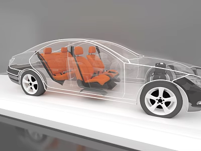 Exhibition Hall Showcasing Transparent Car Model With Orange Interior Seats 3d model
