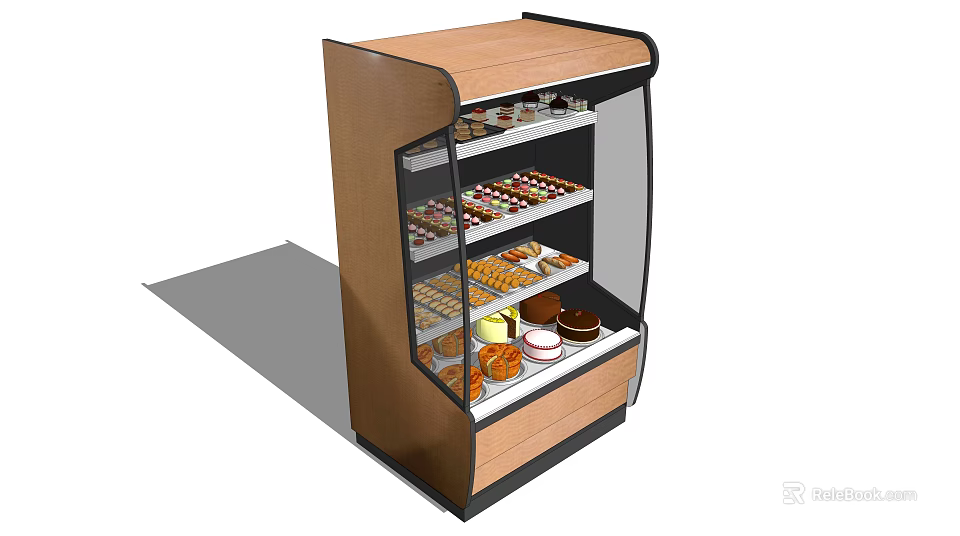 Commercial Refrigerated Display Cabinet With Wooden Frame Glass Door And Pastry Dessert Shelves 3d model 