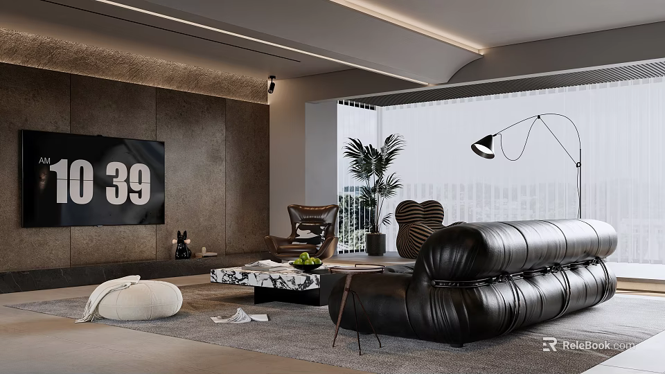 Modern Living Room Interior Design With Black Leather Sofa Floor Lamp And Plant 3d model 