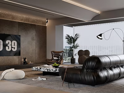 Modern Living Room Interior Design With Black Leather Sofa Floor Lamp And Plant 3d model
