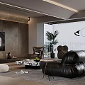 Modern Living Room Interior Design With Black Leather Sofa Floor Lamp And Plant