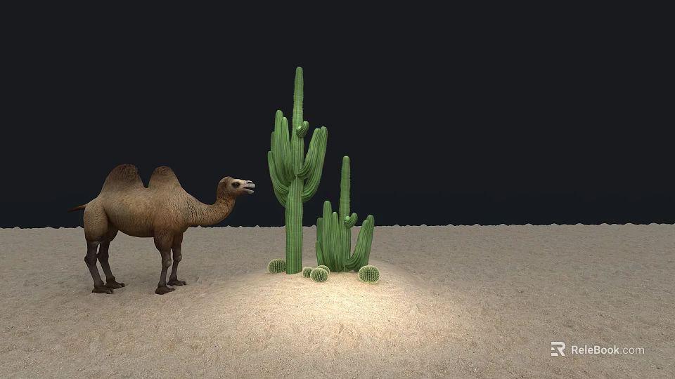 Dry Desert Landscape With Standing Bactrian Camel And Tall Green Cactus 3d model 