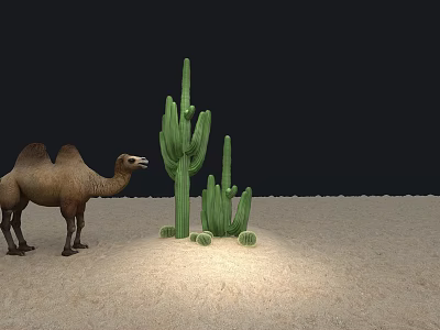 Dry Desert Landscape With Standing Bactrian Camel And Tall Green Cactus 3d model