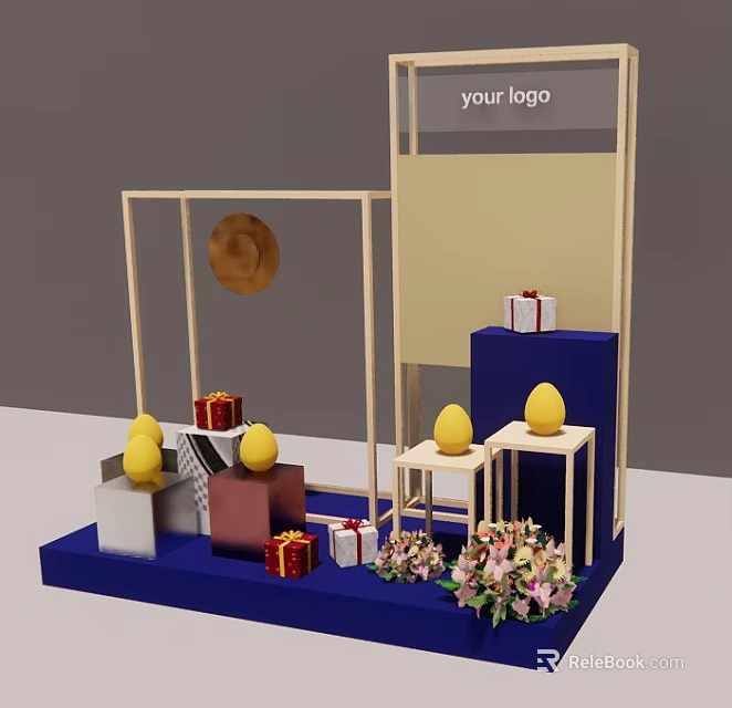 Interactive Area Logo Display With Wooden Frame Yellow Decorations Red Gift Boxes And Flowers 3d model 