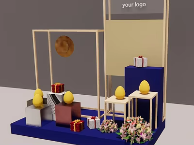 Interactive Area Logo Display With Wooden Frame Yellow Decorations Red Gift Boxes And Flowers 3d model