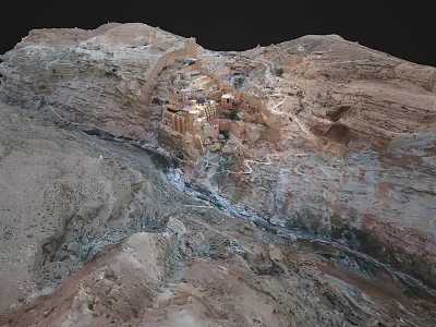 Cluster Of Ancient Buildings In Scenic Canyon With Rocky Mountains And Stream 3d model