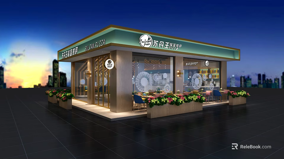 Modern Mall Pizza Shop Exterior With Glass Doors Flower Planters And Tables 3d model 