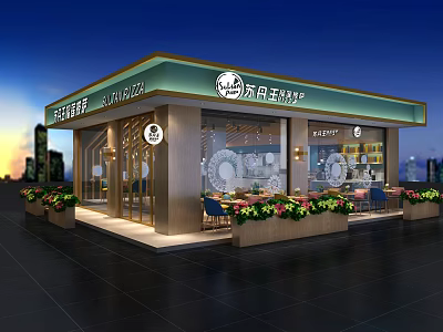 Modern Mall Pizza Shop Exterior With Glass Doors Flower Planters And Tables 3d model