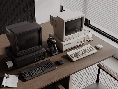 Vintage Business Equipment Including Computer Monitors Keyboard Mouse And Printer On Office Desk 3d model