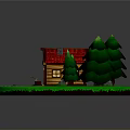 Charming Log Cabin With Red Roof Green Trees And Stone Path On Lush Lawn
