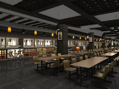 Traditional Chinese Restaurant Interior With Wooden Tables Chairs Pendant Lights And Decorative Paintings 3d model