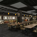 Traditional Chinese Restaurant Interior With Wooden Tables Chairs Pendant Lights And Decorative Paintings