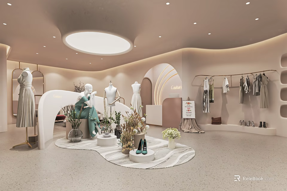 Elegant Modern Clothing Store Interior With Mannequins Clothes On Hangers And Decorative Plants 3d model 