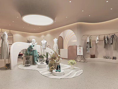 Elegant Modern Clothing Store Interior With Mannequins Clothes On Hangers And Decorative Plants 3d model